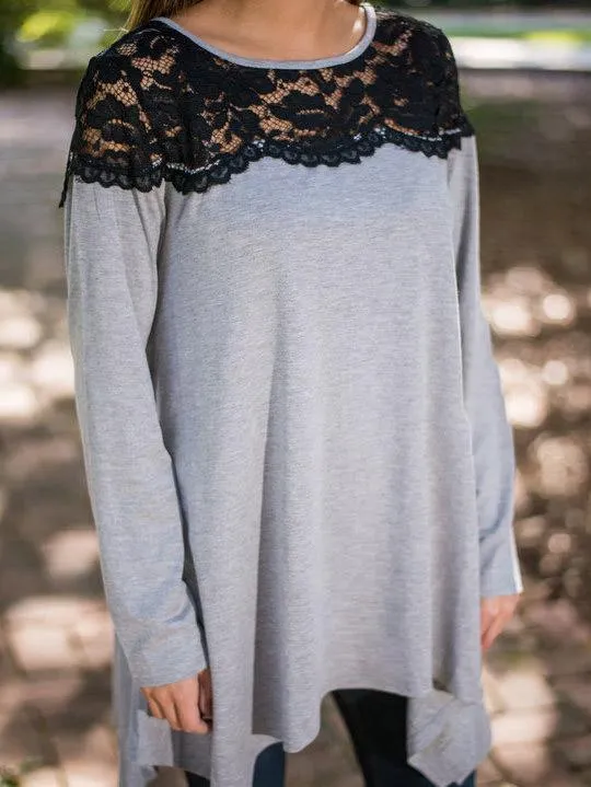 Custom Lace Insert Yoke Asymmetric Slouchy Jersey Top