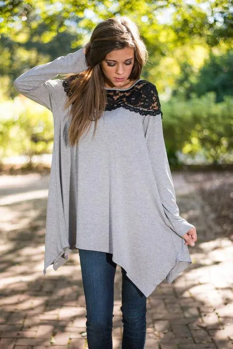 Custom Lace Insert Yoke Asymmetric Slouchy Jersey Top