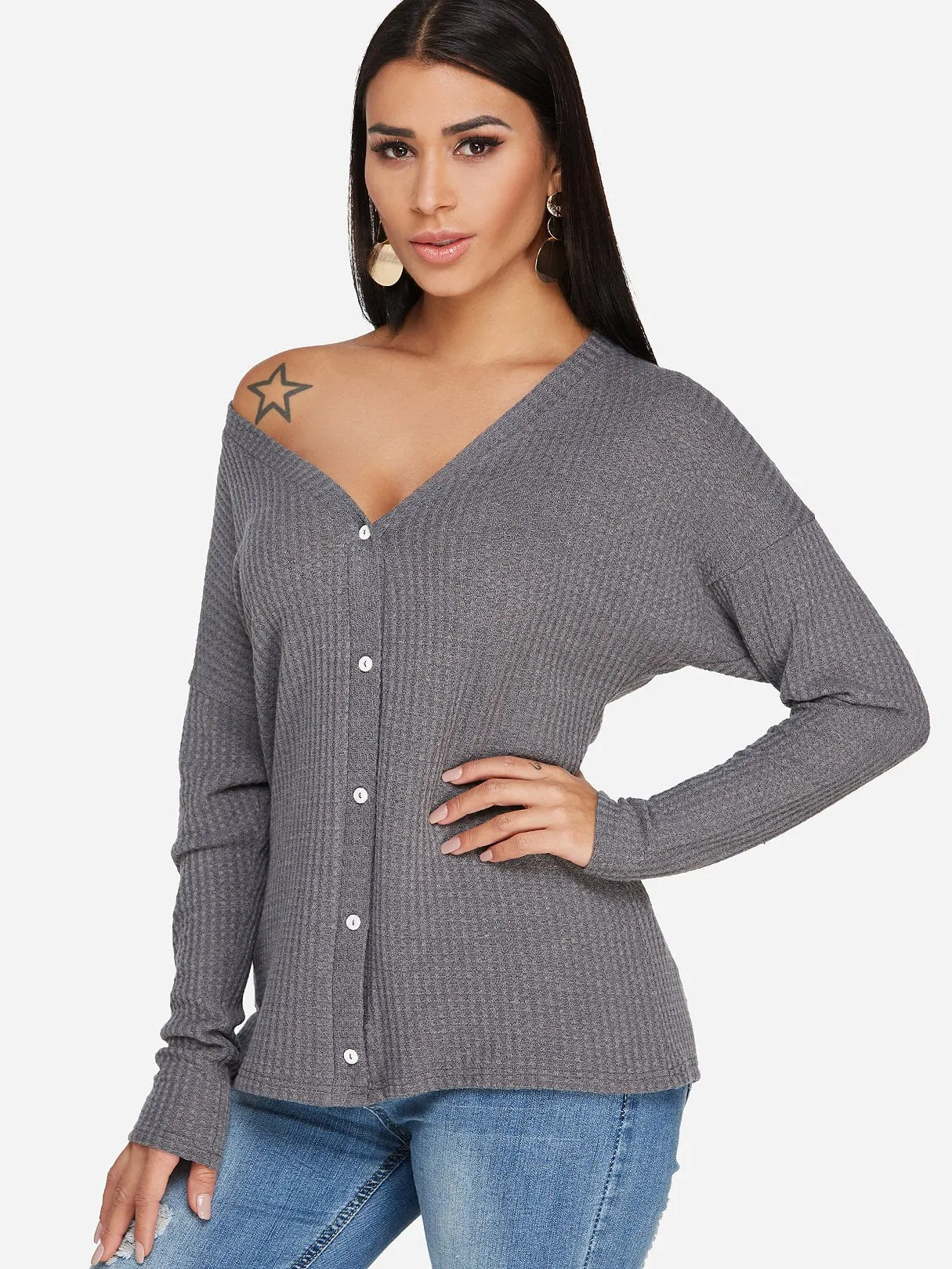 Custom Long Sleeve Fashion V-Neck Grey T-Shirts