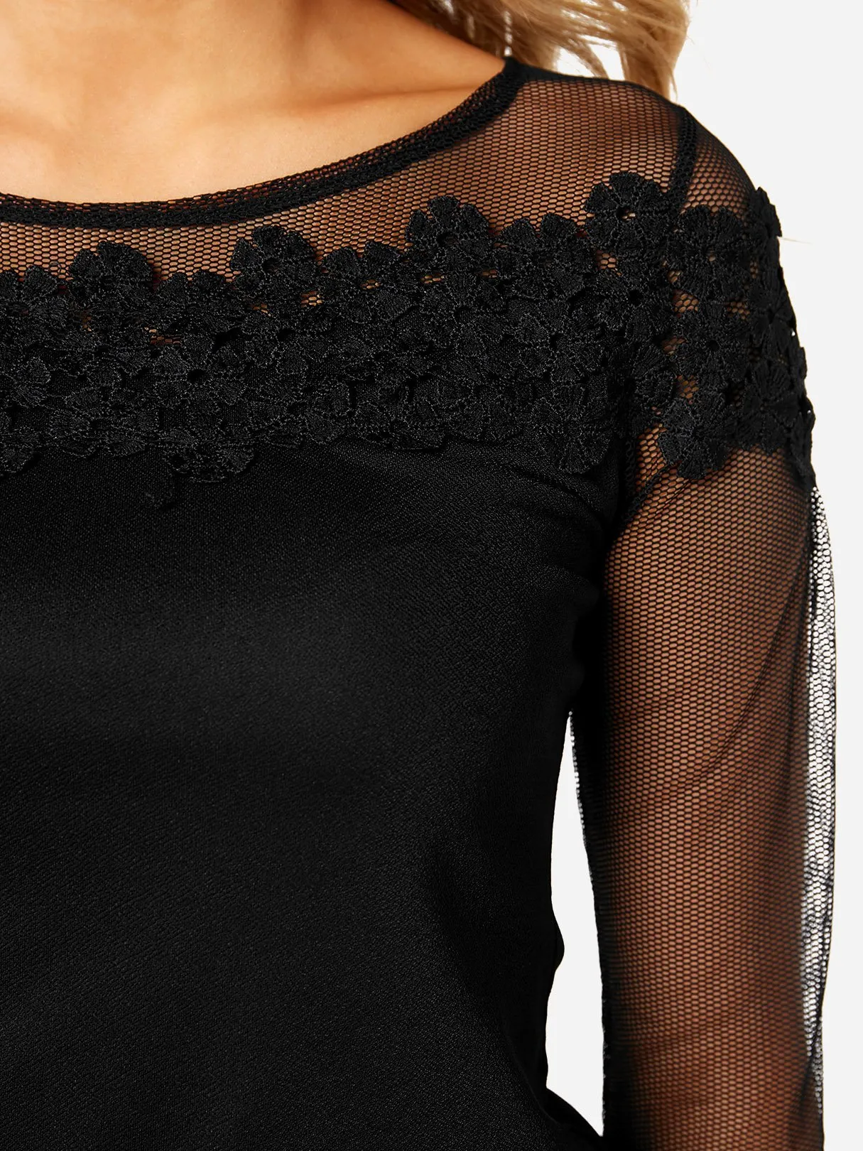 Custom Long Sleeve Round Neck Lace Black Tee