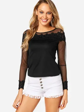 Custom Long Sleeve Round Neck Lace Black Tee