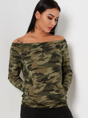 Custom Off The Shoulder Camouflage Pocket Long Sleeve Camouflage T-Shirts