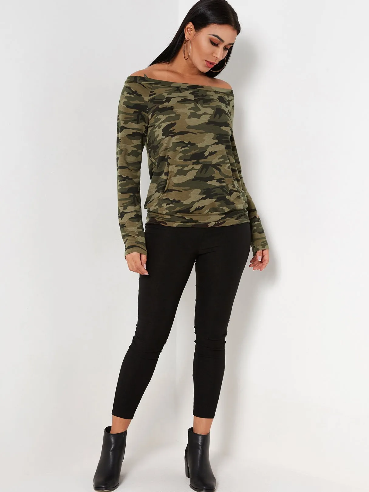 Custom Off The Shoulder Camouflage Pocket Long Sleeve Camouflage T-Shirts