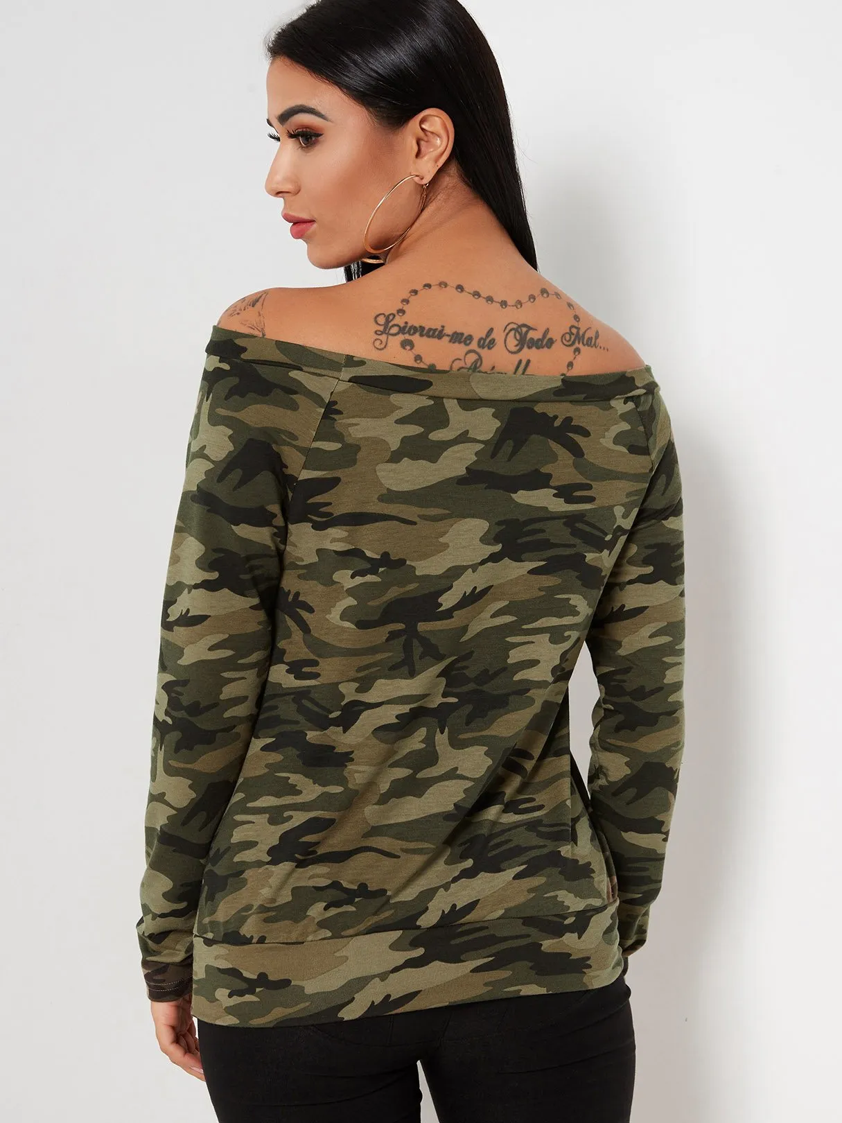 Custom Off The Shoulder Camouflage Pocket Long Sleeve Camouflage T-Shirts