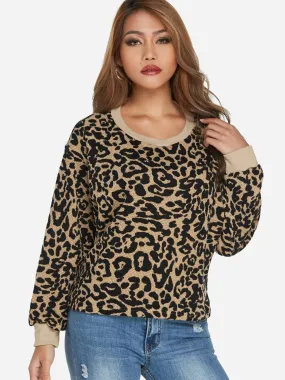 Custom Round Neck Leopard Long Sleeve Khaki T-Shirts