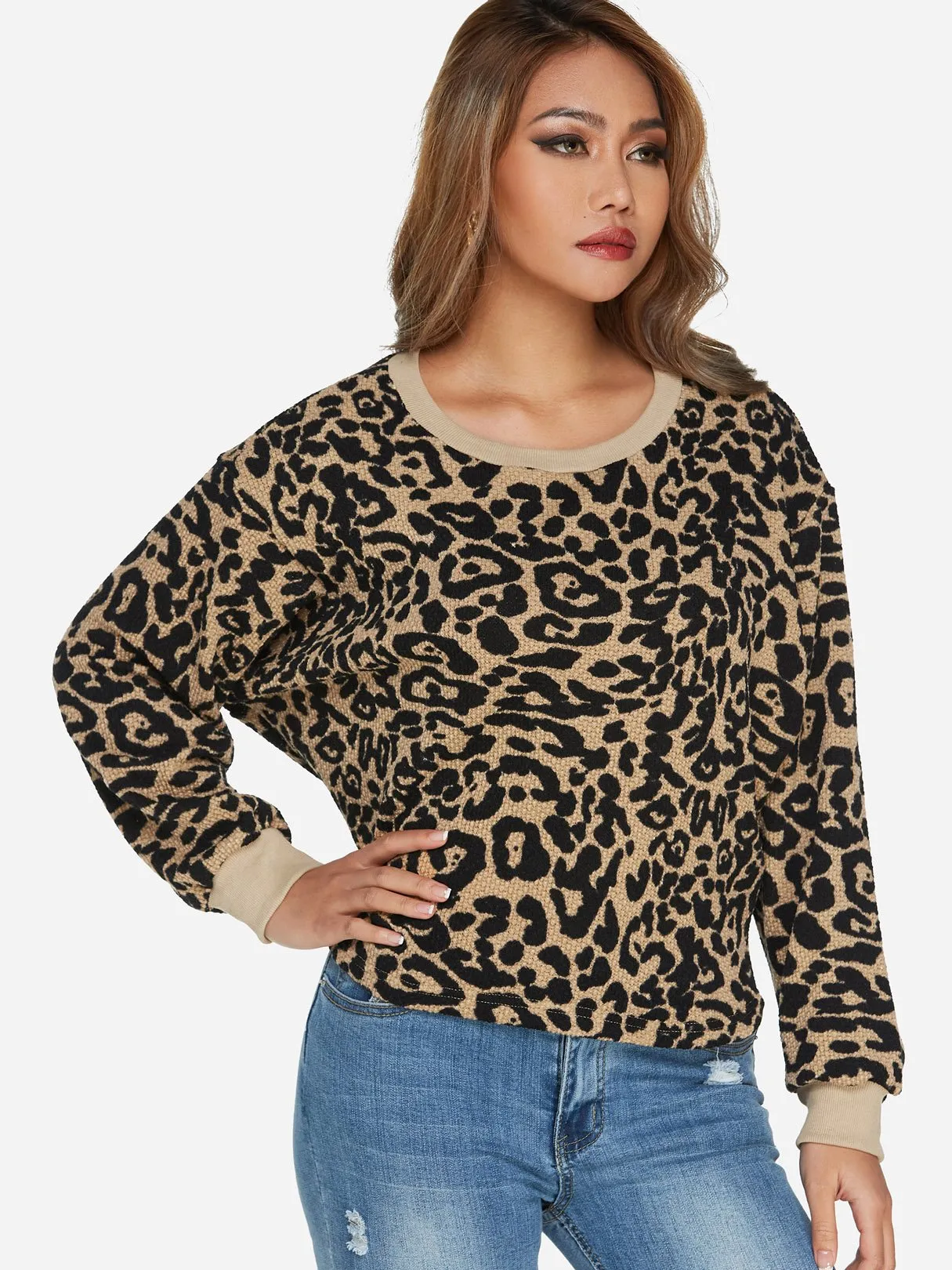 Custom Round Neck Leopard Long Sleeve Khaki T-Shirts