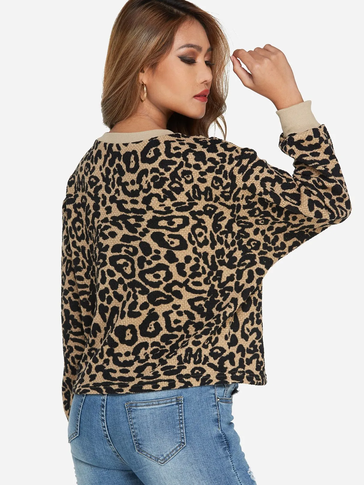 Custom Round Neck Leopard Long Sleeve Khaki T-Shirts