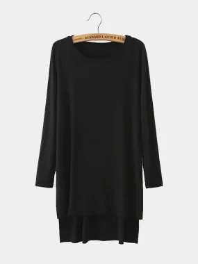 Custom Round Neck Long Sleeve Slit Hem Black Top