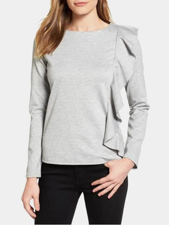 Custom Round Neck Ruffle Trim Long Sleeve Grey Top