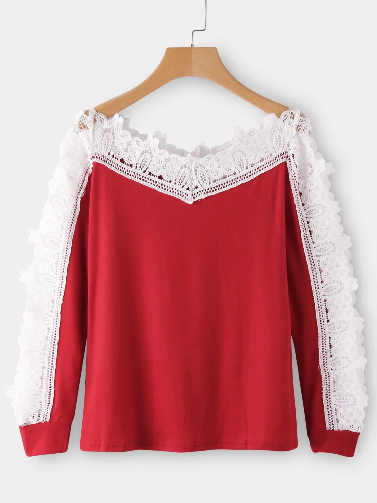 Custom V-Neck Lace Hollow Long Sleeve Red T-Shirts