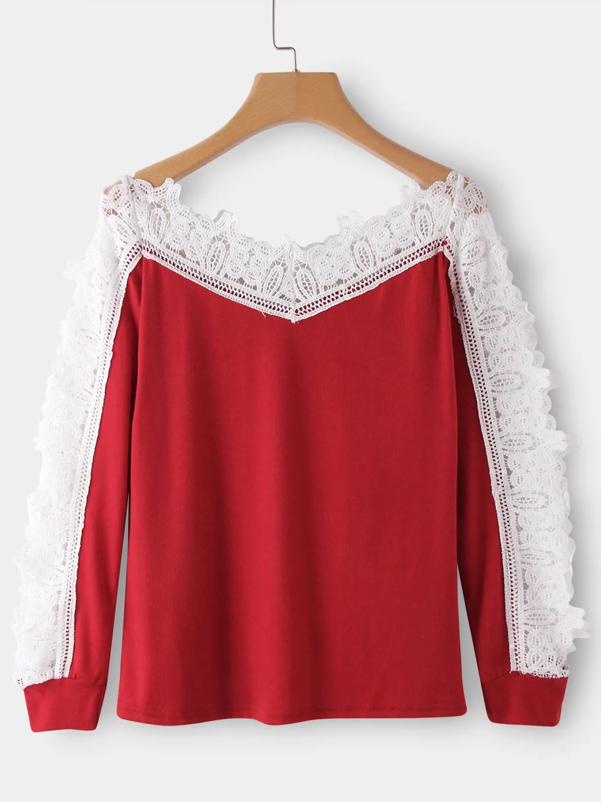 Custom V-Neck Lace Hollow Long Sleeve Red T-Shirts