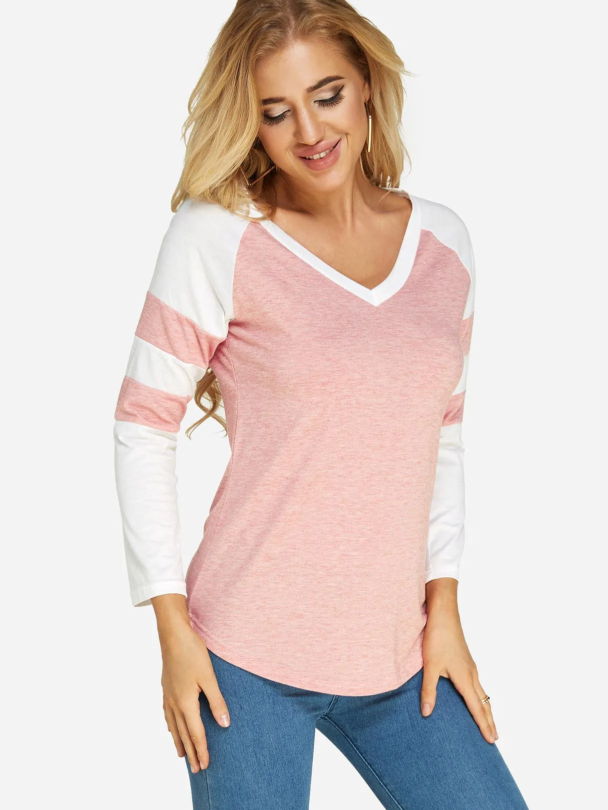 Custom V-Neck Plain Long Sleeve Pink T-Shirts