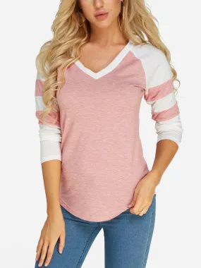 Custom V-Neck Plain Long Sleeve Pink T-Shirts