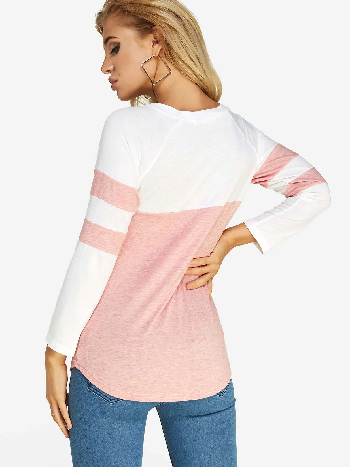 Custom V-Neck Plain Long Sleeve Pink T-Shirts