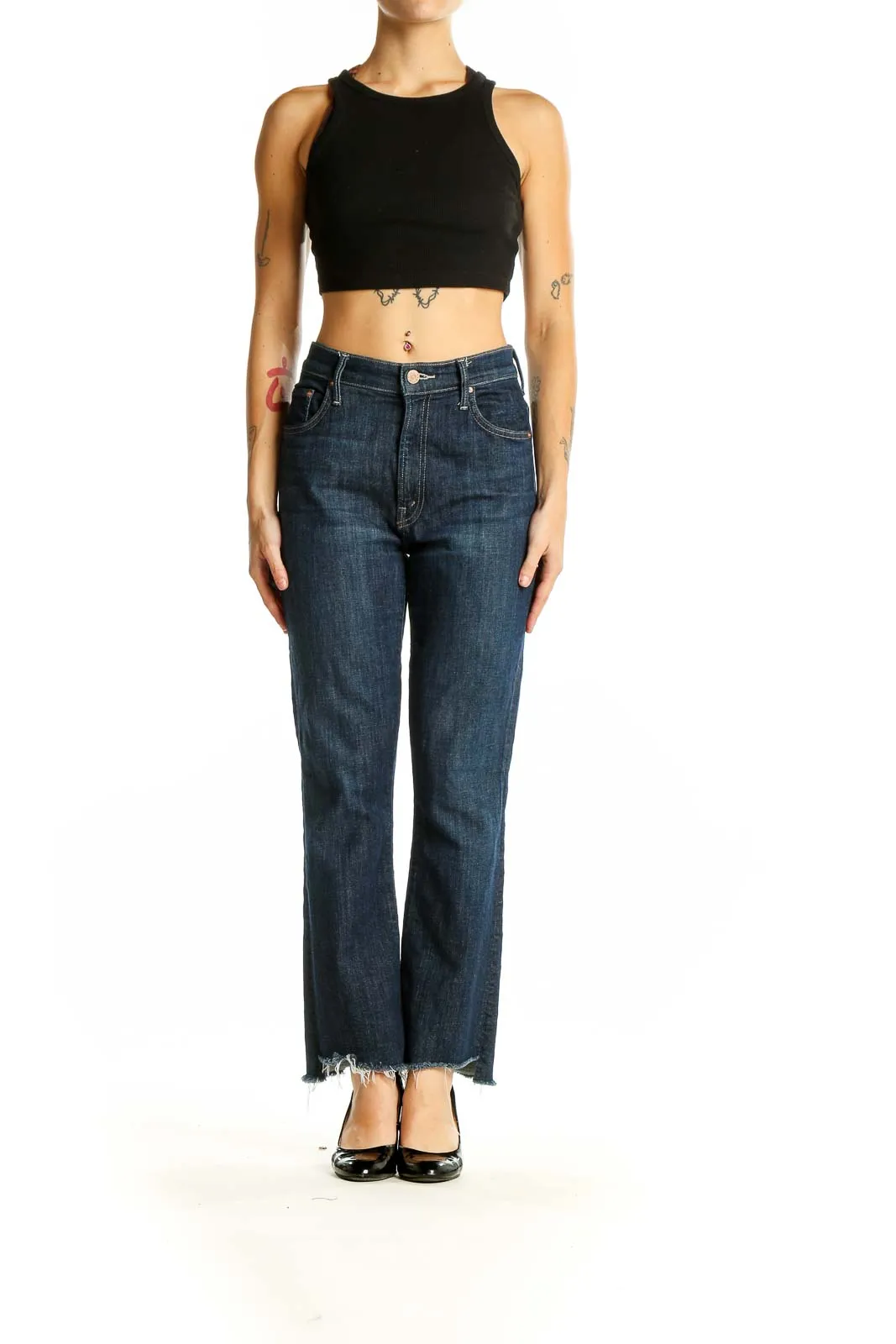 Dark Blue Frayed Hem Straight Leg Jeans