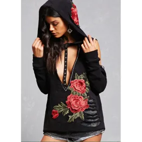 Deep V-neck Bear Shoulder Flower Embroidery Long Hoodie