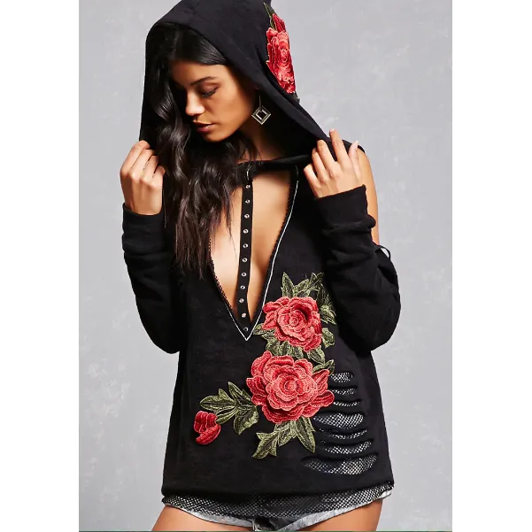 Deep V-neck Bear Shoulder Flower Embroidery Long Hoodie