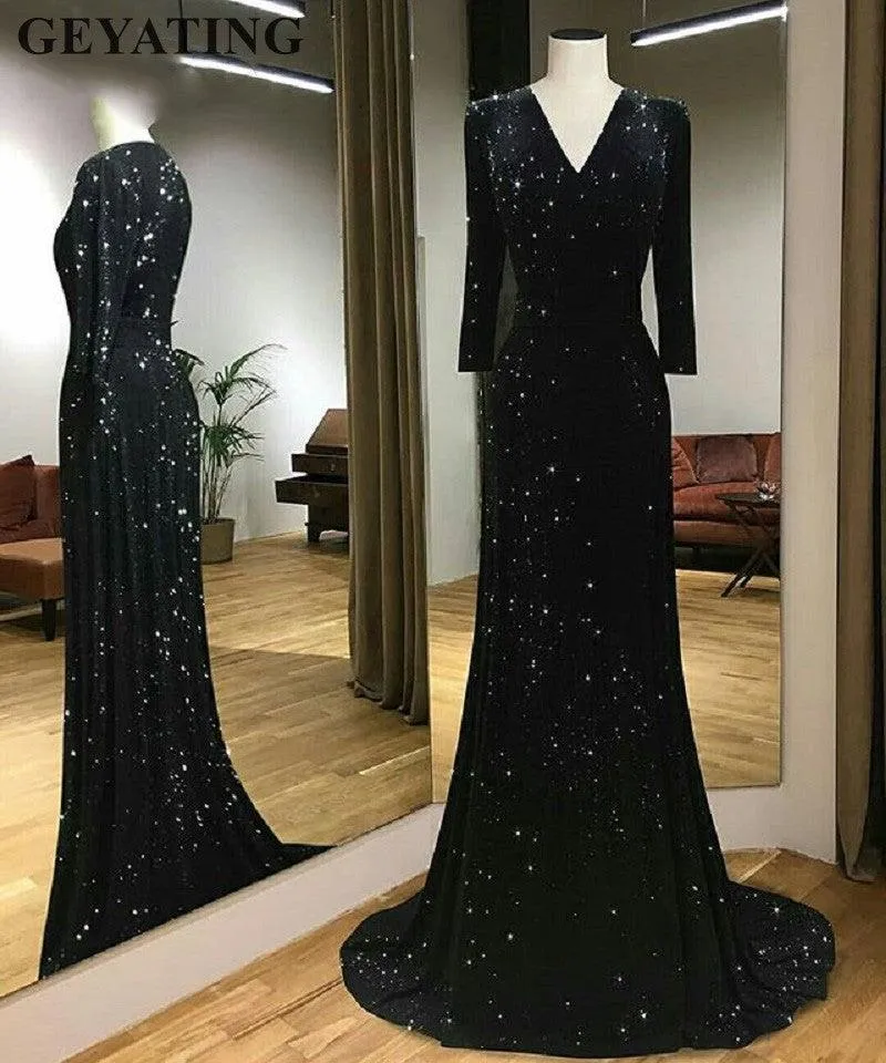 Elegant V-neck Sparkly Black Sequin Mermaid Long Sleeves Evening Dress