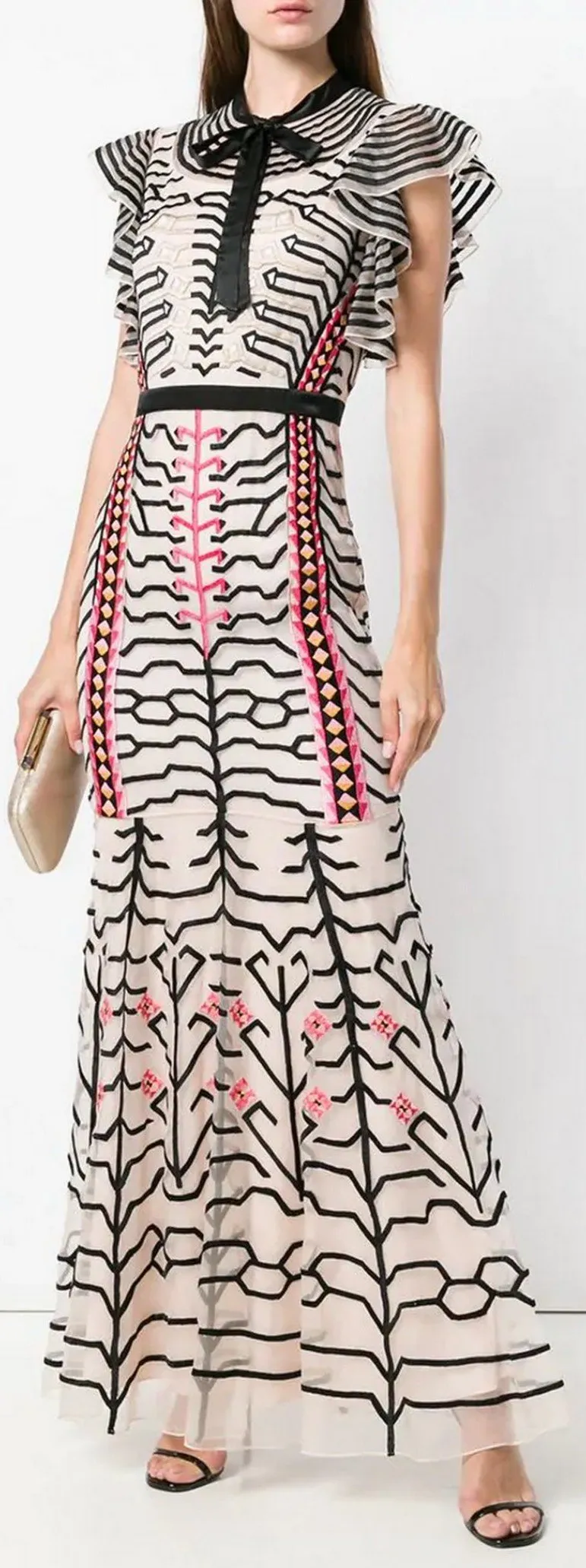 Embroidered Geometric Dress, White