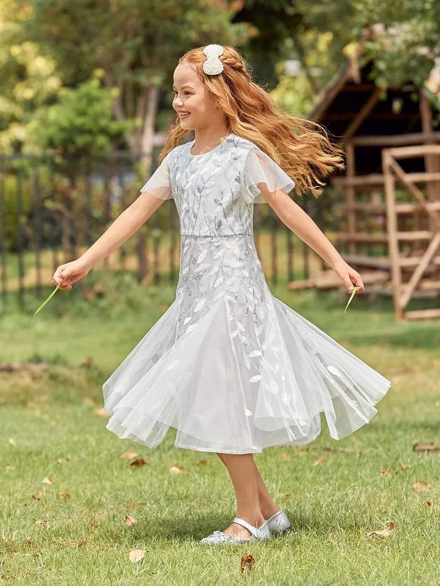 Fancy Round Neck Tulle Flower Girl Dress with Sequin