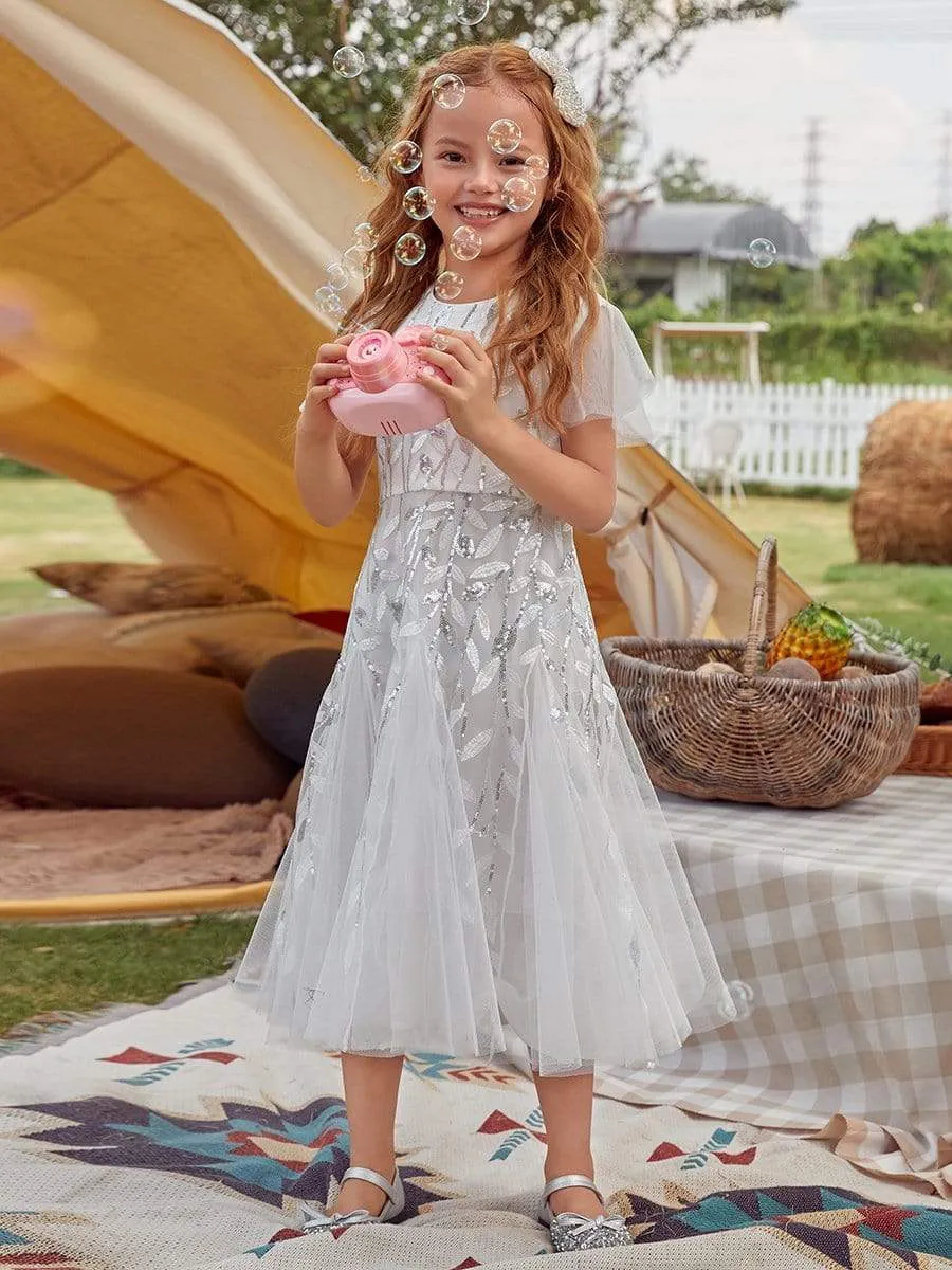 Fancy Round Neck Tulle Flower Girl Dress with Sequin