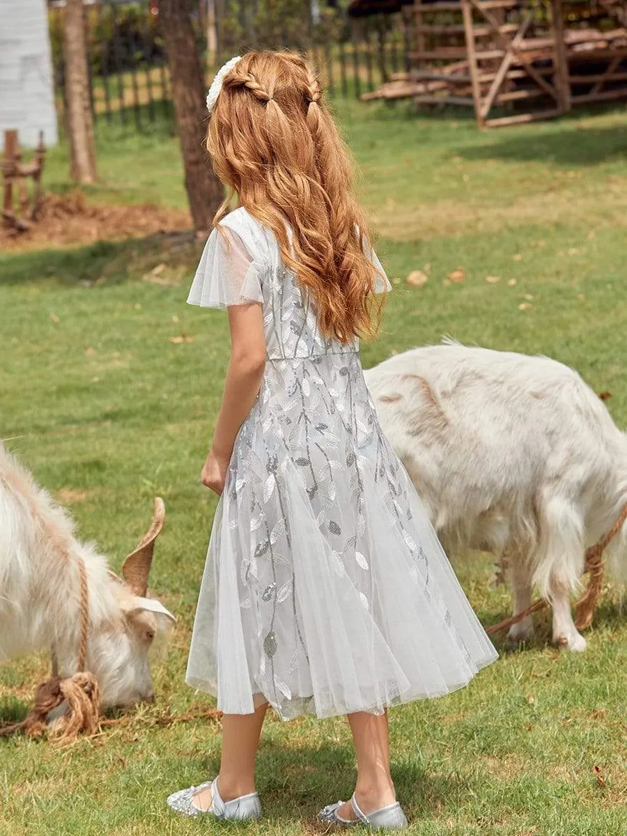 Fancy Round Neck Tulle Flower Girl Dress with Sequin