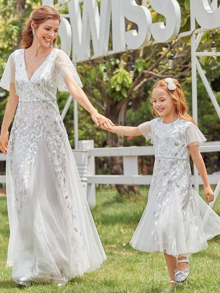 Fancy Round Neck Tulle Flower Girl Dress with Sequin