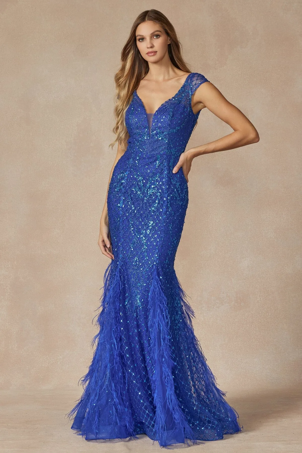 Fitted Glitter Short Sleeve Feather Gown by Juliet 286