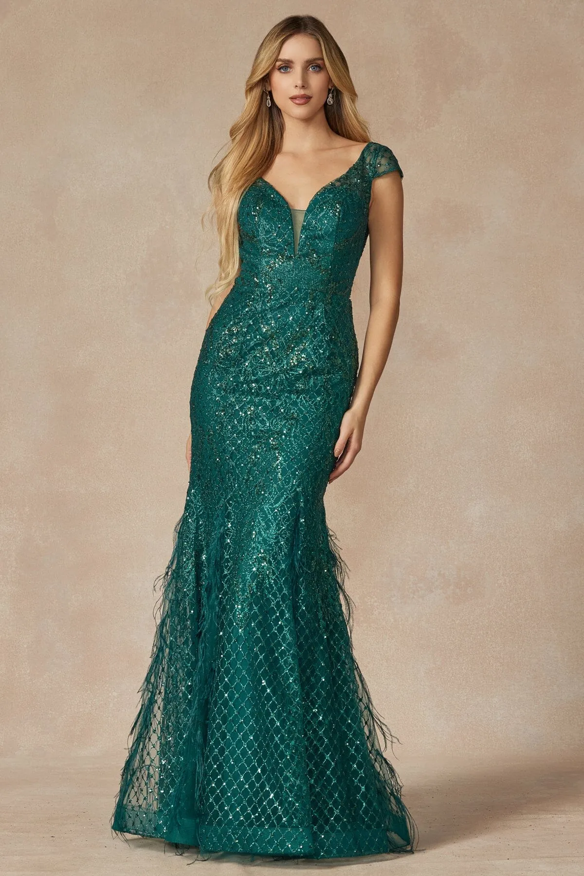 Fitted Glitter Short Sleeve Feather Gown by Juliet 286