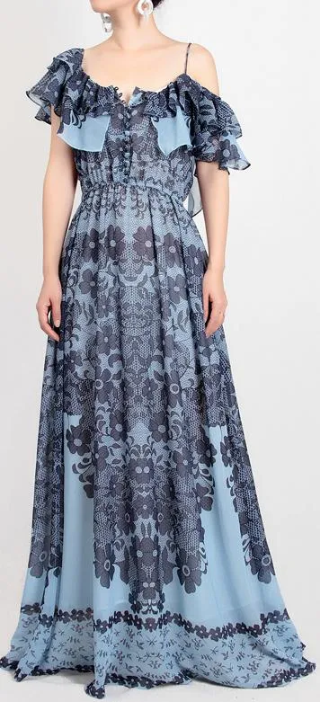 Floral and Lace Printed Chiffon Maxi Dress