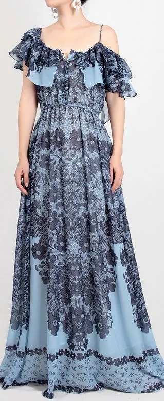 Floral and Lace Printed Chiffon Maxi Dress