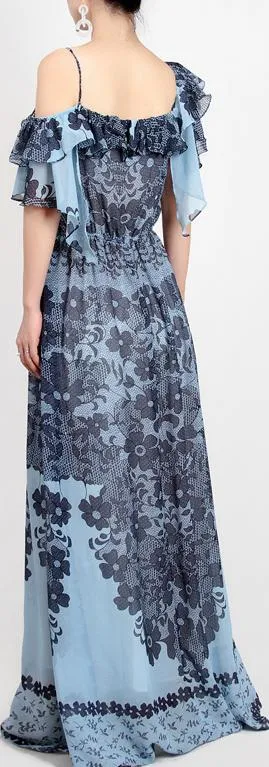 Floral and Lace Printed Chiffon Maxi Dress