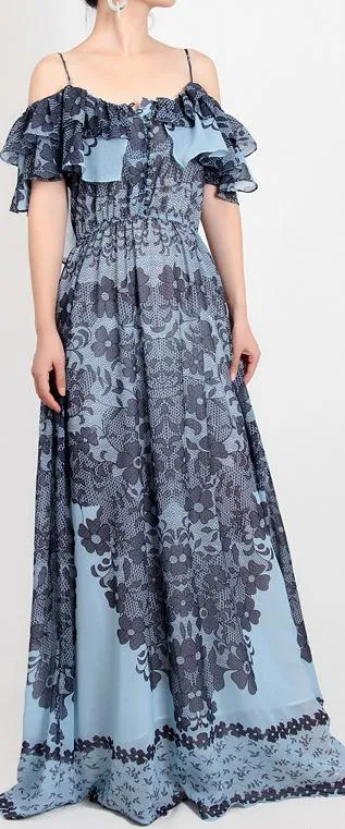 Floral and Lace Printed Chiffon Maxi Dress