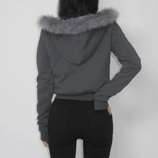 Furry Hooded Warm Zippered Short Jacket Top