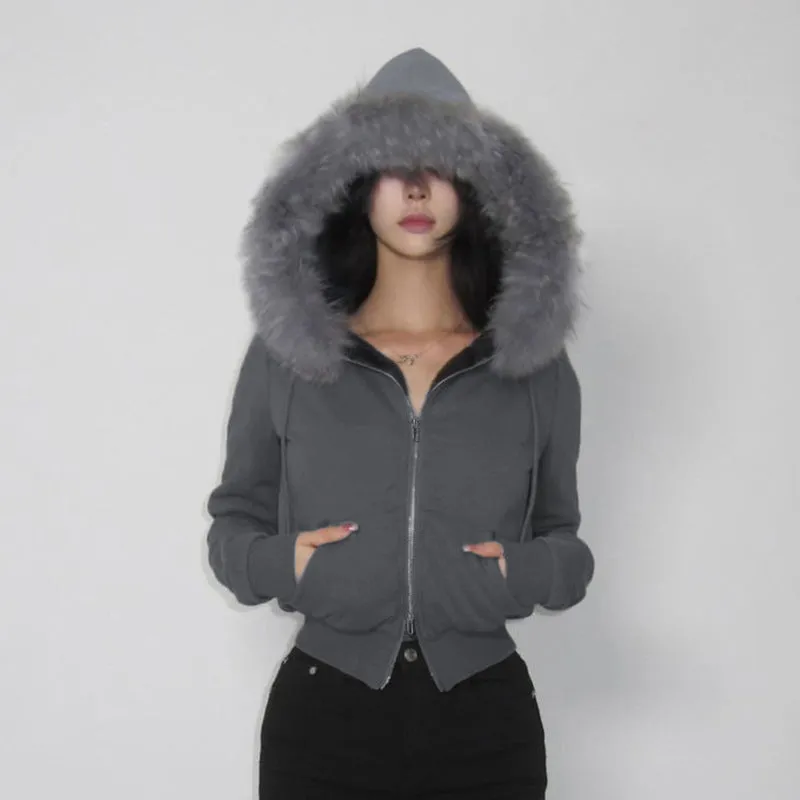 Furry Hooded Warm Zippered Short Jacket Top