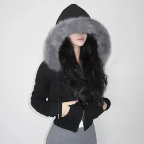 Furry Hooded Warm Zippered Short Jacket Top