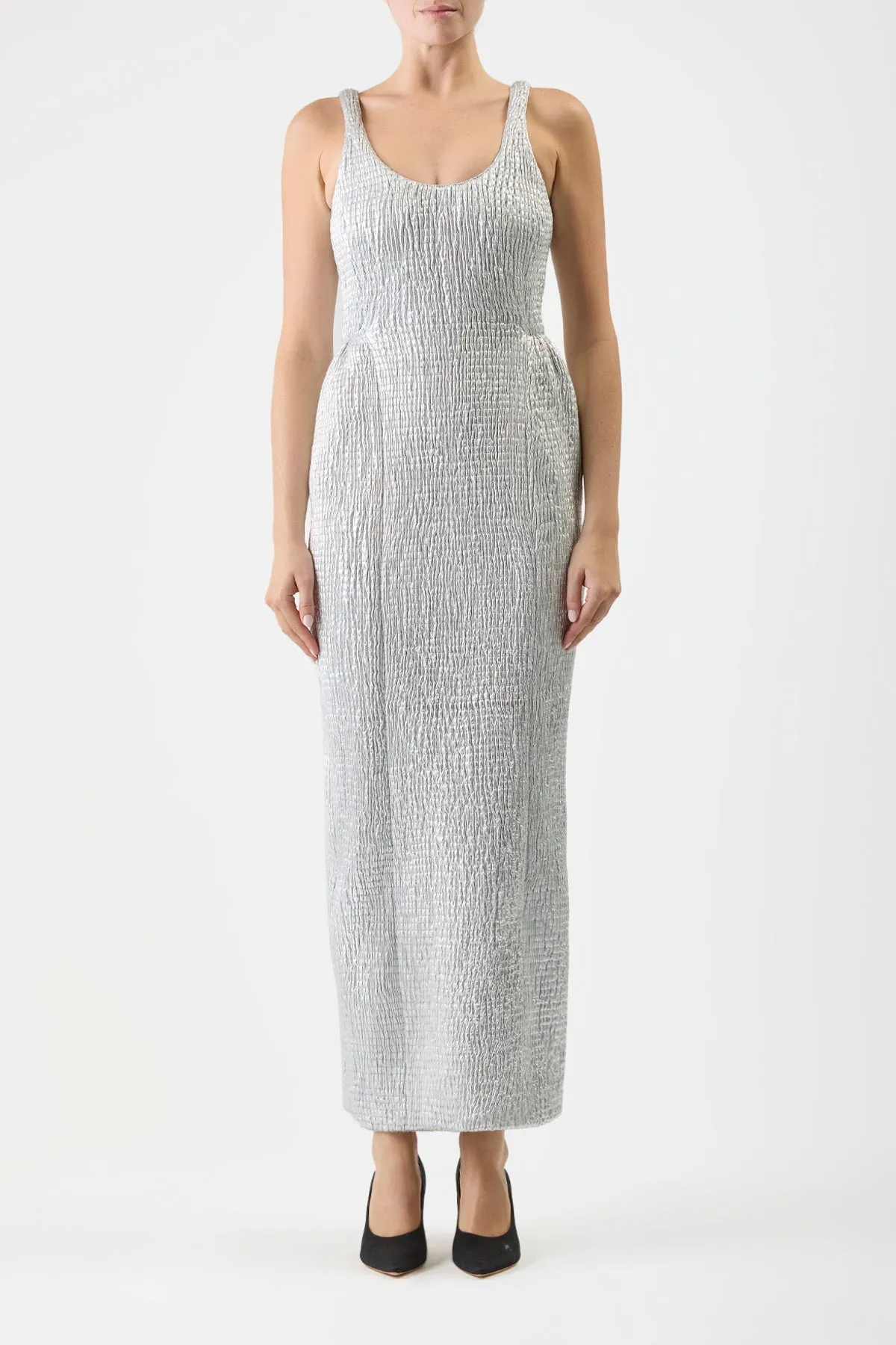 Girard Shirred Maxi Dress with Lining in Silver Metallic Nappa Leather