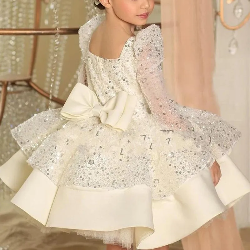 Girl Formal Dresses Autumn Cute Pageant Sequins Long Sleeve Princess Dresses