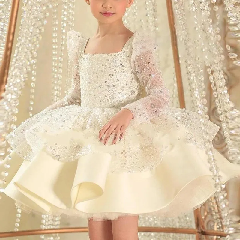 Girl Formal Dresses Autumn Cute Pageant Sequins Long Sleeve Princess Dresses