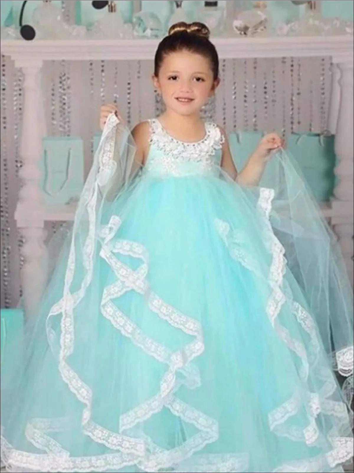 Girls Mint Lace Flower Girls Communion Dress