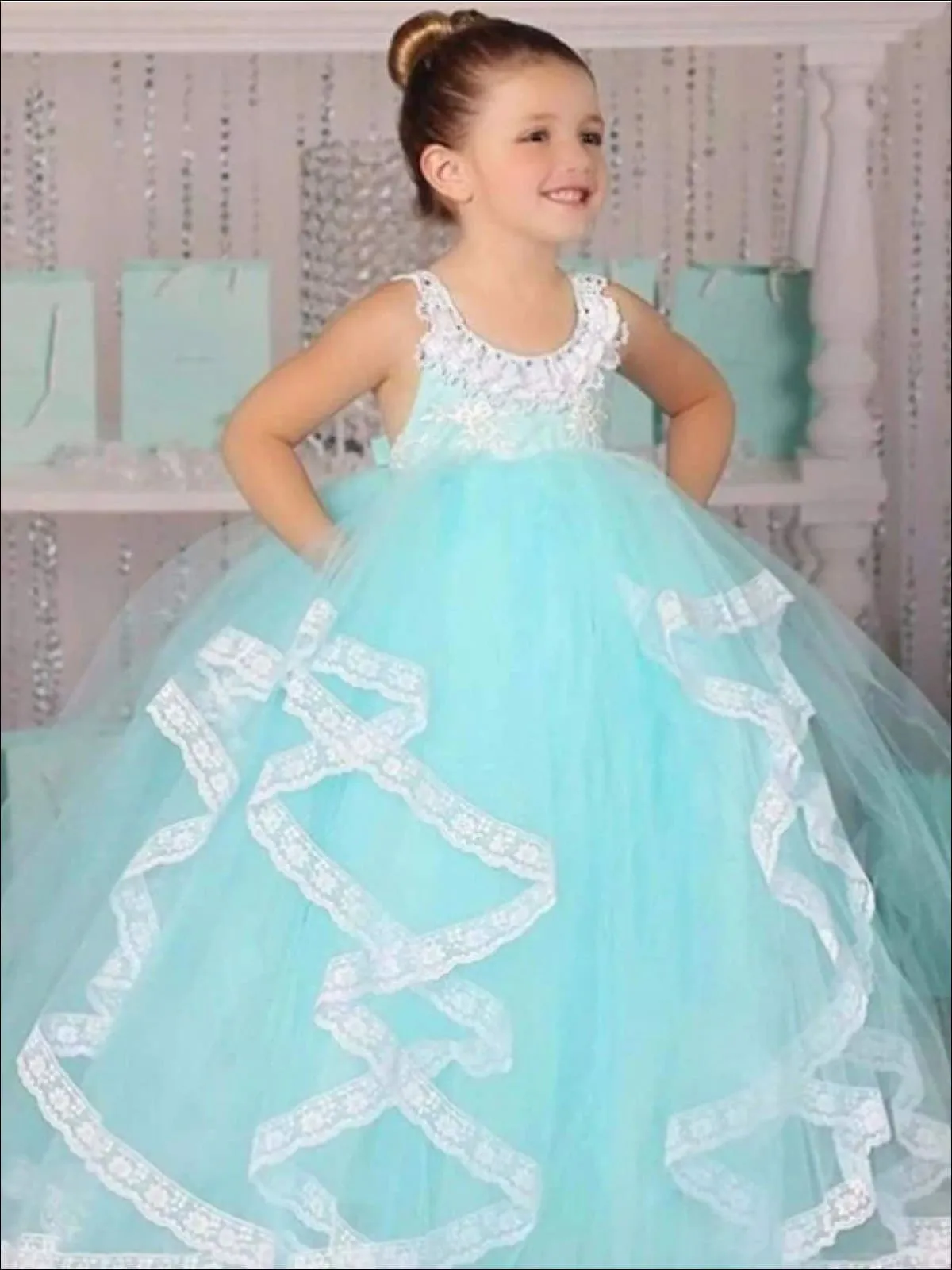 Girls Mint Lace Flower Girls Communion Dress