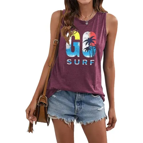 Go Surf Coconut Tree Tank Top Shirt for Women Beach Waves Surfing Fan Shirt