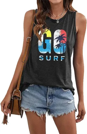 Go Surf Coconut Tree Tank Top Shirt for Women Beach Waves Surfing Fan Shirt