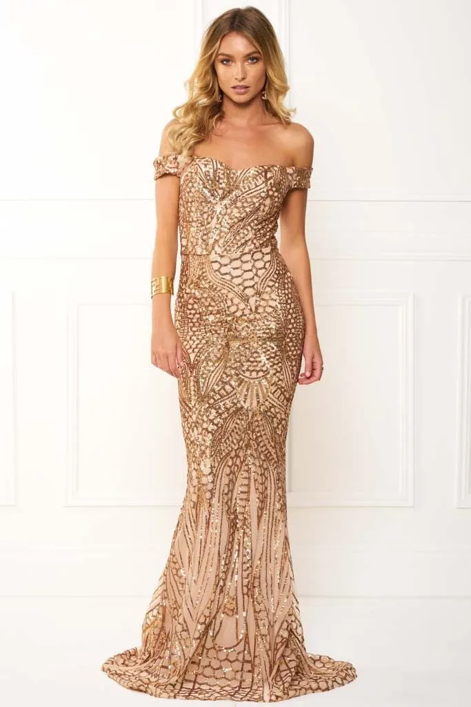 Honey Couture HAILEY Rose Gold Sequin Off Shoulder Evening Gown Dress