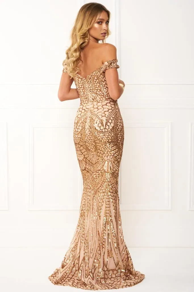 Honey Couture HAILEY Rose Gold Sequin Off Shoulder Evening Gown Dress