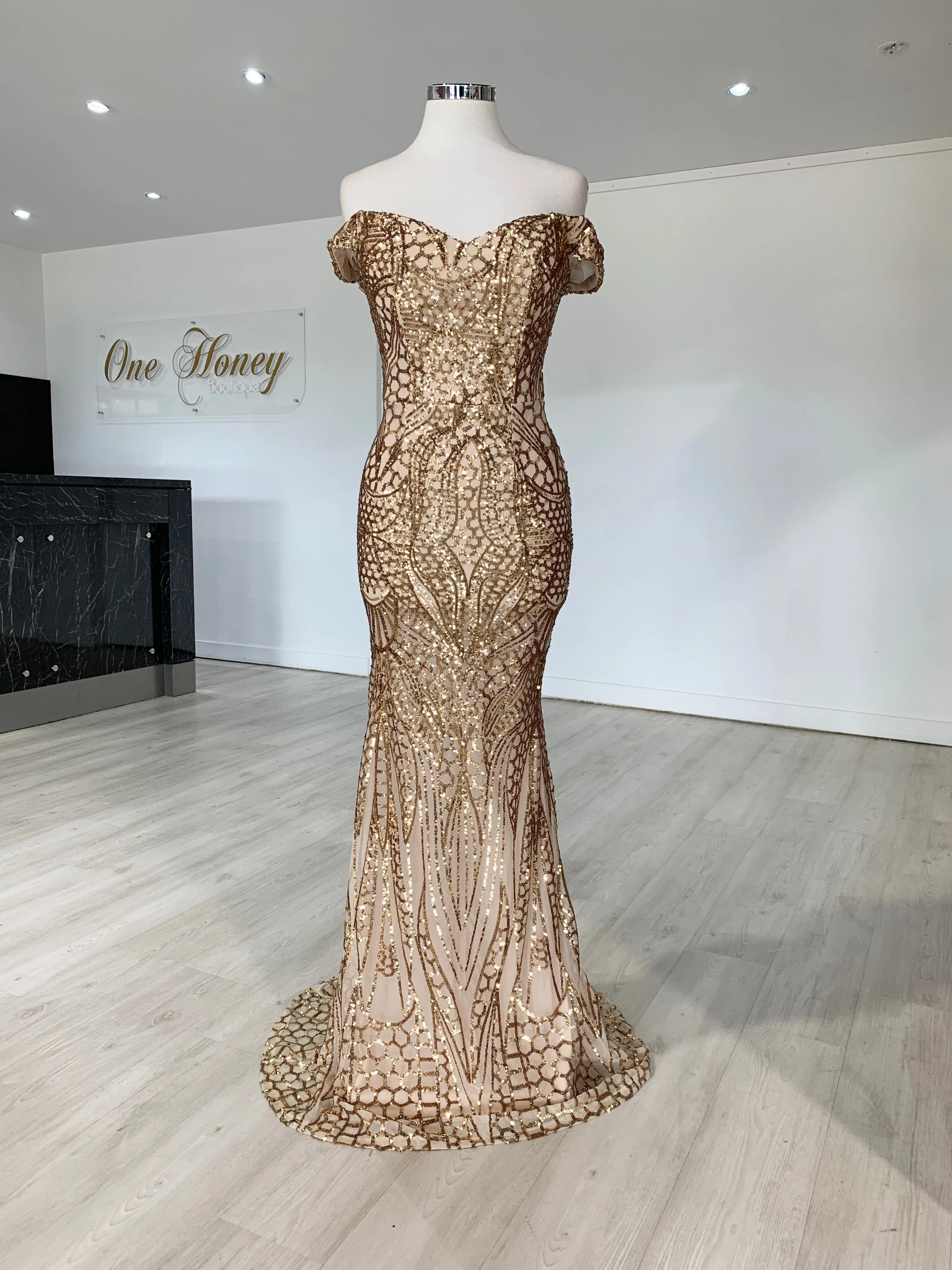 Honey Couture HAILEY Rose Gold Sequin Off Shoulder Evening Gown Dress