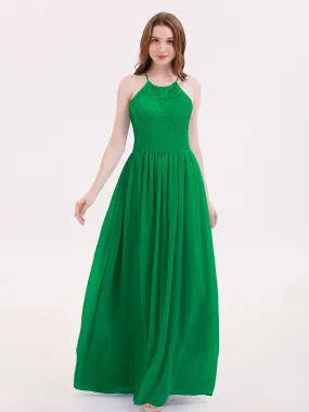 Illusion Neck Lace and Chiffon Maxi Gowns-Emerald