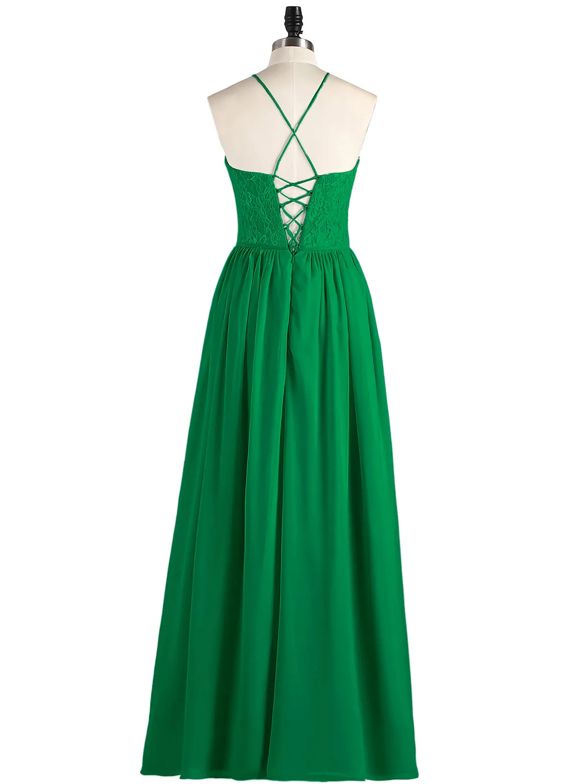 Illusion Neck Lace and Chiffon Maxi Gowns-Emerald