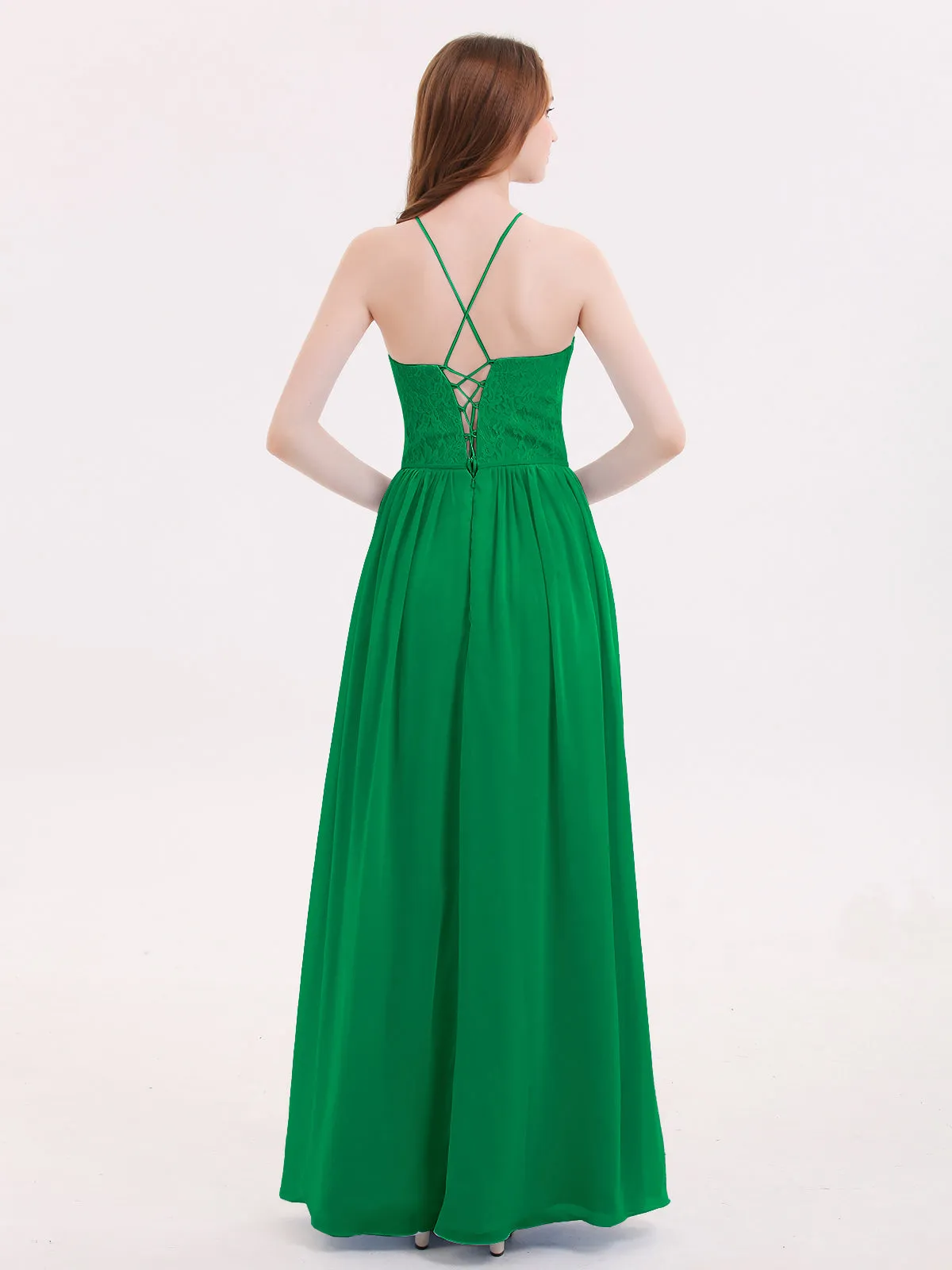 Illusion Neck Lace and Chiffon Maxi Gowns-Emerald