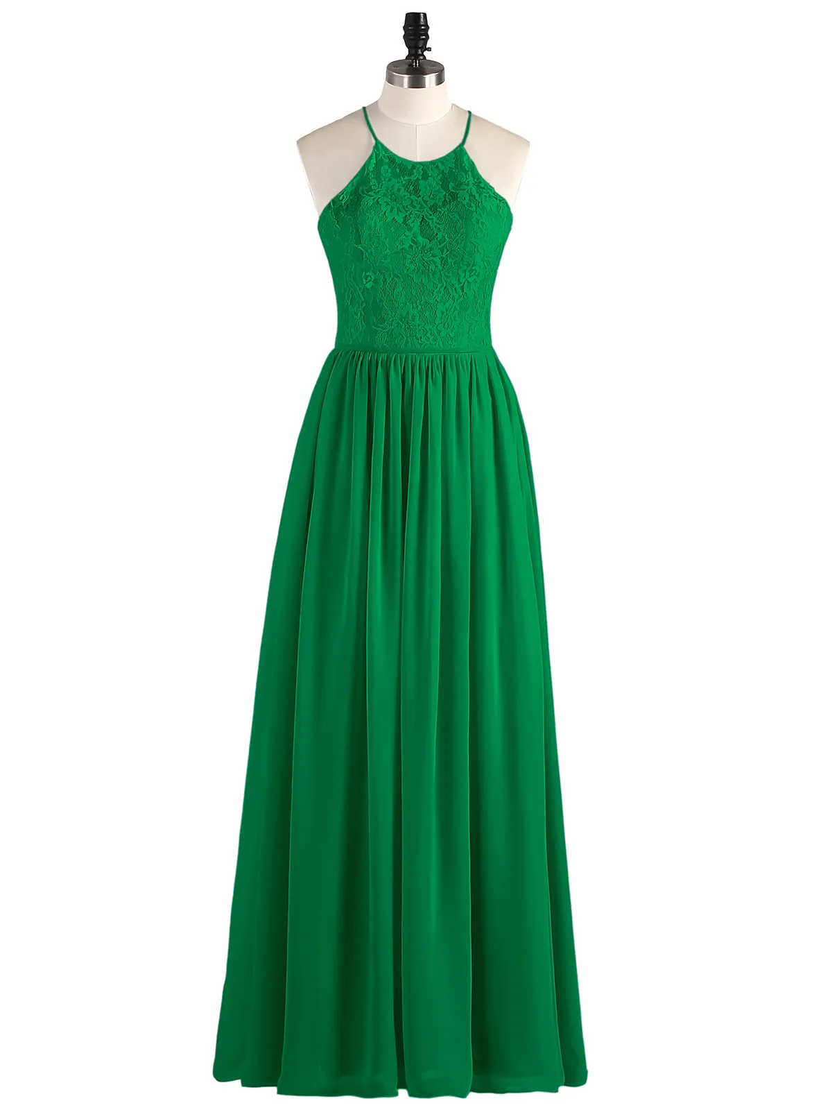 Illusion Neck Lace and Chiffon Maxi Gowns-Emerald